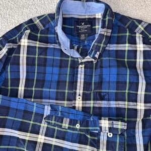 American Eagle Outfitters Mens Classic Fit Plaid Button Down Shirt Blue Medium